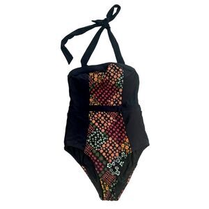 Modcloth Black Floral One Piece Halter Swimsuit sz S